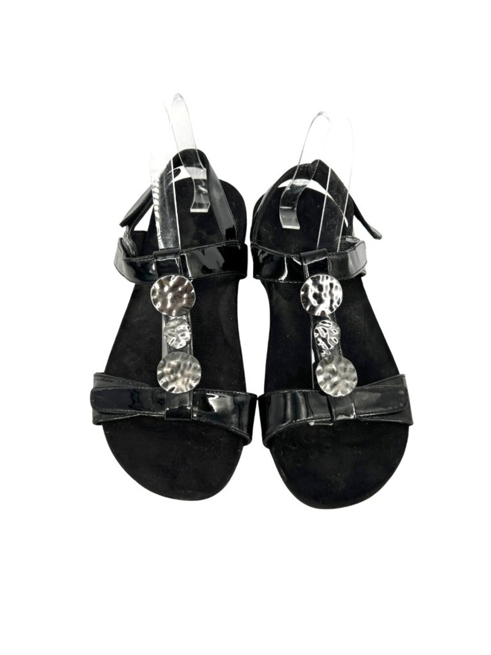 Vionic Farra Black Patent Sandals Hammered Metal Accents Size 9.5 Wide